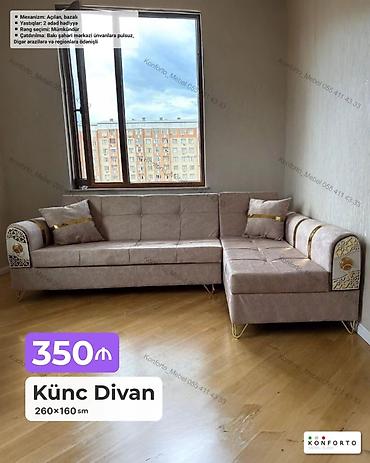Divanlar: Künc divan – 260×160 sm - Mexanizm: açılan, bazalı (yataq funksiyası — 1