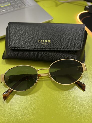 чехли: Солнцезащитные очки Celine, в золотой оправе, с чехлом и с коробкой