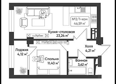 1 комната, 47 м², Тунгуч мкр Элитка, 3 этаж, ПСО (под самоотделку) at lalafo.kg 1 комната, 47 м², Тунгуч мкр Элитка, 3 этаж, ПСО (под самоотделку)