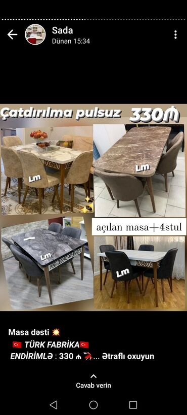 Masa və oturacaq dəstləri: Mətbəx üçün, Yeni, Açılan, Oval masa, 4 stul — 15