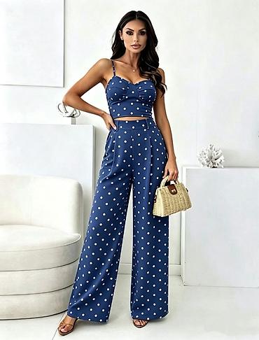 Kompleti: Dvodelni ženski komplet na tufne – top + pantalone širokih nogavicama — 5