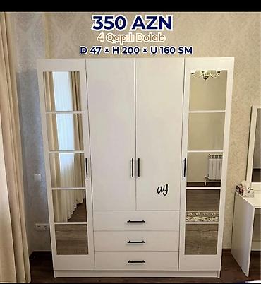 200: 4 qapılı geyim dolabı Ölçülər: - Dərinlik: 47 sm - Hündürlük: 200 sm — 1