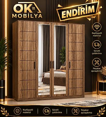 Dolablar: Yeni, 4 qapılı, Güzgülü, Qəhvəyi, Taxta, Açılan, Düz dolab — 2