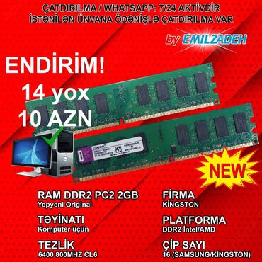 Operativ yaddaş (RAM): Operativ yaddaş (RAM) Kingston, 2 GB, < 1333 Mhz, DDR2, PC üçün, Yeni