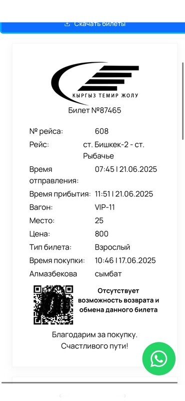 потерял кошелек с документами: Предлагается билет на поезд по маршруту Бишкек-2 – станция Рыбачье