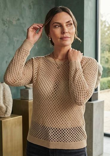 nude karmin: Bež mrežasti ženski džemper sa dugim rukavima - Dizajn: moderno — 1
