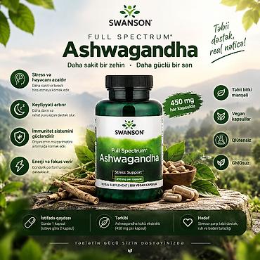 Витамины и БАДы: Swanson Full Spectrum Ashwagandha – Stress Support - Hər kapsulda 450 — 1