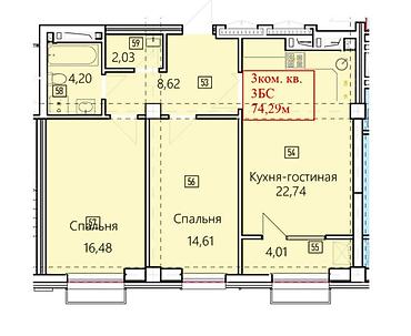 rent flat: 2 комнаты, 74 м², Асанбай мкр Элитка, 15 этаж, ПСО (под самоотделку) — 1
