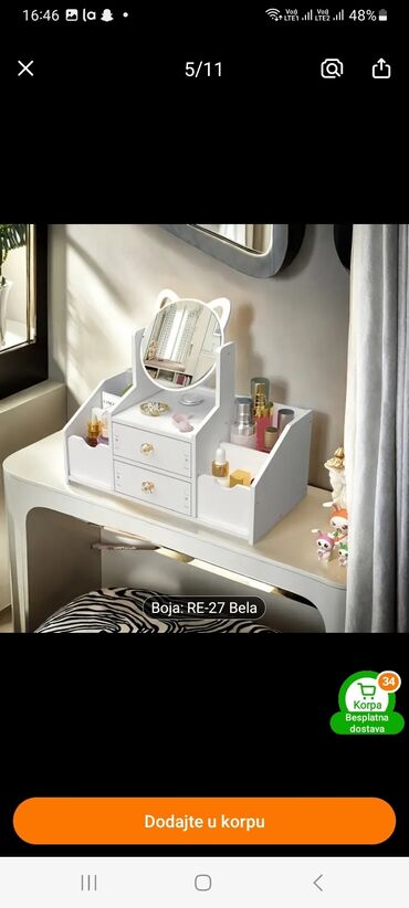 Neseseri: Organizator za kozmetiku u beloj boji sa ogledalom. Poseduje dve fioke — 7