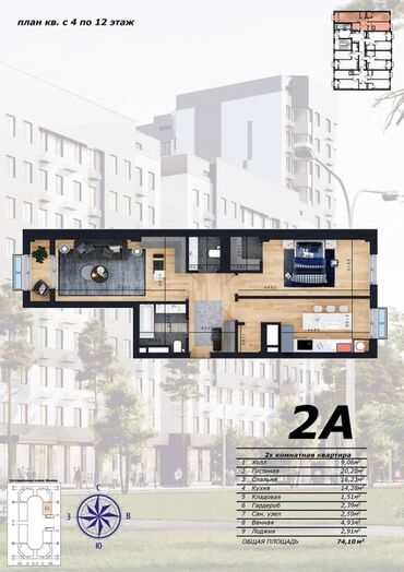 2 комнаты, 74 м², Элитка, 6 этаж, ПСО (под самоотделку)