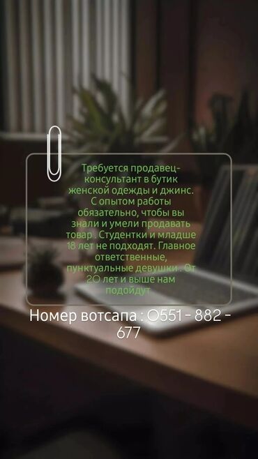 работа бишкек для девушек: Требуется Продавец-консультант в Магазин одежды, График: Шестидневка, % от продаж, Полный рабочий день