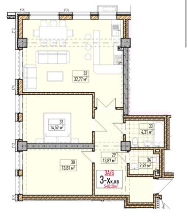 3 х ком квартира: 3 комнаты, 82 м², Элитка, 3 этаж, ПСО (под самоотделку)