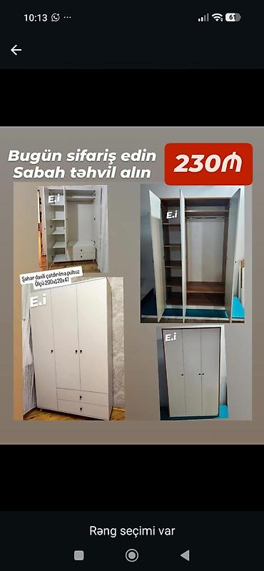 3 qapılı garderob – 230₼ - Ölçü: 200 x 120 x 47 sm - Daxili quruluş