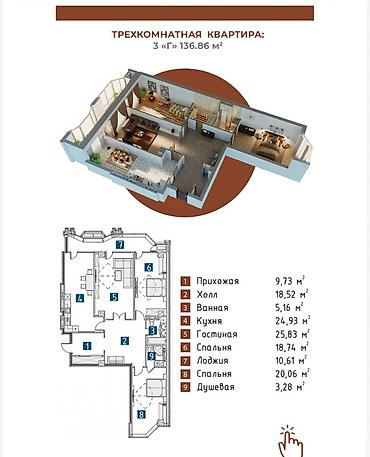 180: 3 комнаты, 136 м², Ак-Кеме Элитка, 12 этаж, ПСО (под самоотделку) — 1