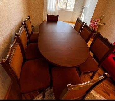 Masalar: Qonaq otağı üçün, İşlənmiş, Açılan, Oval masa, 8 stul