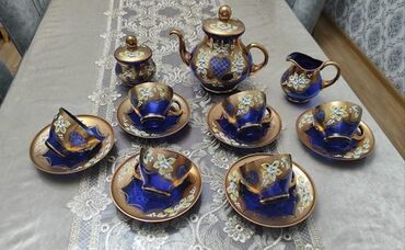 Чайный набор, цвет - Синий, Стекло, Богемия, 6 персон, Чехия