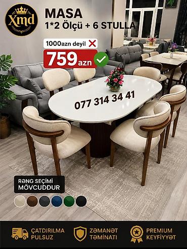 Masa və oturacaq dəstləri: Masa və 6 stul dəsti – Xmd • Komplekt: 1 yemək masası + 6 ədəd stul — 104