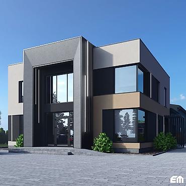 Фасадные работы: Современный двухэтажный дом с плоской крышей и панорамными окнами. - — 19