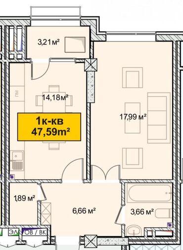 2 комн псо: 1 комната, 47 м², Элитка, 13 этаж, ПСО (под самоотделку)