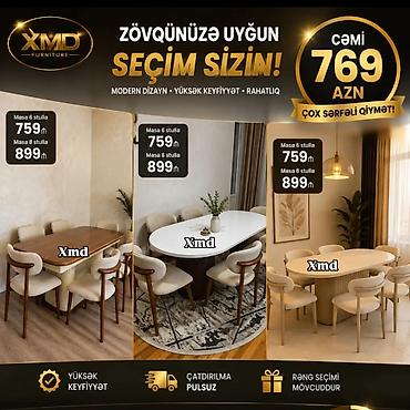 Masa və oturacaq dəstləri: Masa və 6 stul dəsti – Xmd • Komplekt: 1 yemək masası + 6 ədəd stul — 64