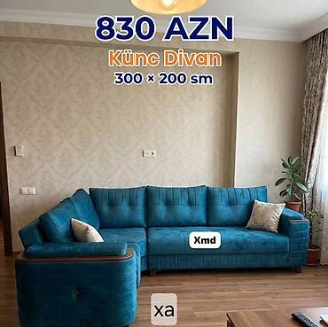 metbext mebelleri: Künc divan – 300 × 200 sm - Rəng: firuzə/mavi ton - Forma: L-şəkilli — 1