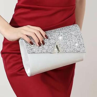 tod's torbe: Svečani set: srebrna šljokičasta torbica + komplet nakita od kristala — 2