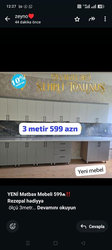 Mətbəx mebeli: *YENİ Mətbəx Mebeli 599₼‼️* *Rezepal hədiyyə* ölçü 3metr BİZDƏN