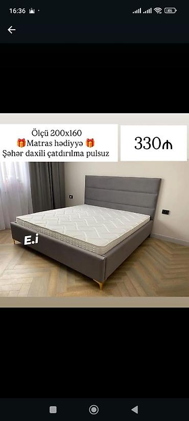 200: Müasir dizaynlı ikinəfərlik çarpayı - Ölçü: 200 x 160 sm - Rəng: boz — 1