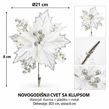 KMT Božićni cvet sa štipaljkom, listovima i kuglicama, srebrni 283970