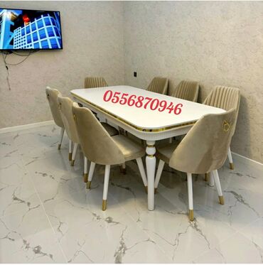 Masa və oturacaq dəstləri: Qonaq otağı üçün, Yeni, Açılmayan, Dördbucaq masa, 6 stul — 8