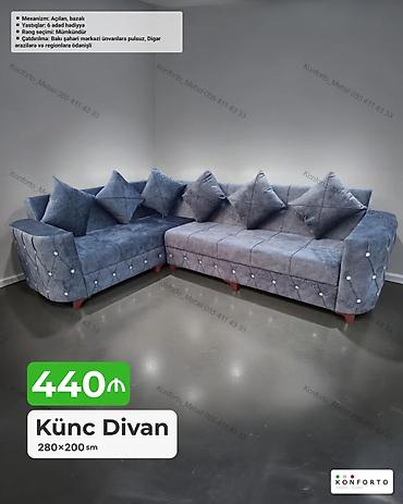 Divanlar: Künc divan – 280×200 sm - Mexanizm: açılan, bazalı (yataq funksiyası — 1