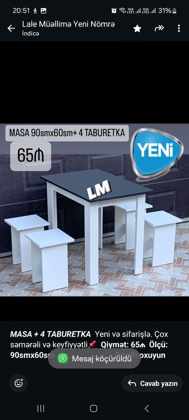 taburetka: _*MASA + 4 TABURETKA*_ Yeni və sifarişlə. Çox səmərəli və