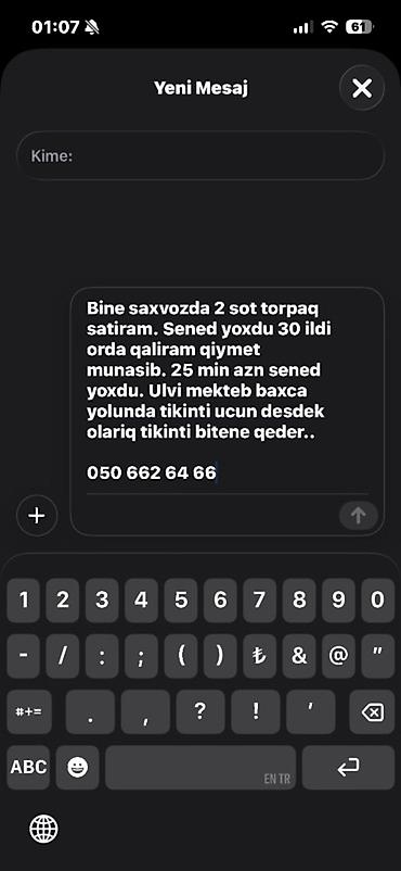 binə torpağ: 2 sot, Tikinti, Bələdiyyə — 1