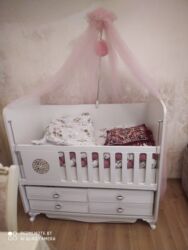 şam balı: Для девочки и мальчика, Б/у, Четырехугольная, Колыбель, С бортиками, С матрасом, Без механизма качания