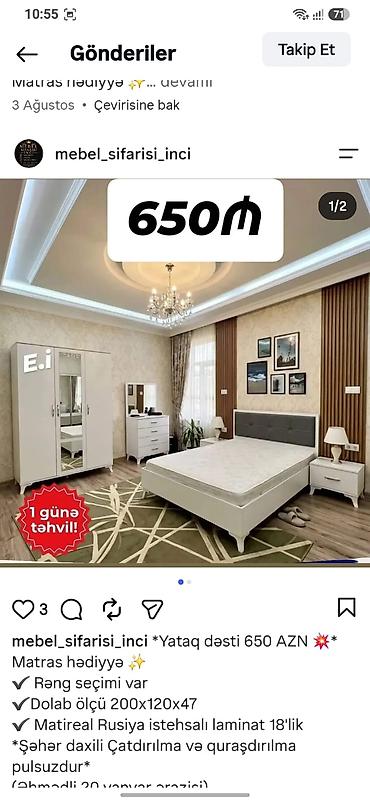 Yataq dəsti – 650 AZN Komplekt: - Çarpayı (başlıqla) - 2 tumba -