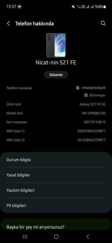 Samsung: Samsung Galaxy S21 FE, 128 GB, rəng - Boz, Barmaq izi, Face ID