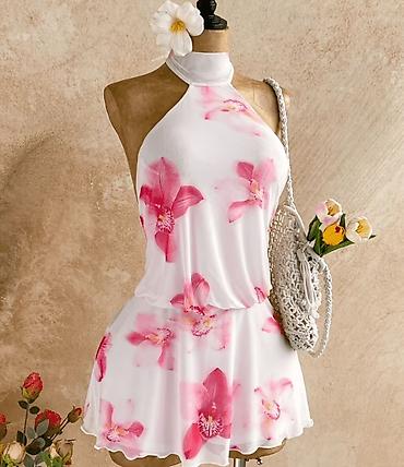 Ağ rəngli, çəhrayı çiçək printli mini don - Model: halter boyunlu