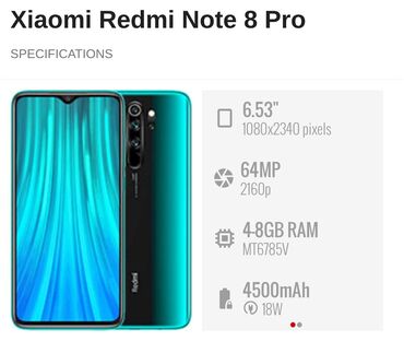 xiomi mi 8 lite: Xiaomi, Redmi Note 8 Pro, Колдонулган, 64 ГБ, түсү - Жашыл, 2 SIM