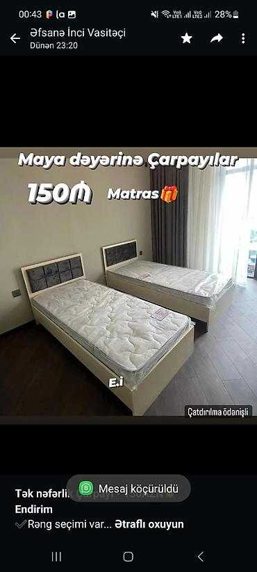 Sifarişlə mebel: *Tək nəfərlik Çarpayı - 150AZN💥* *Endirim* ✔️Rəng seçimi var Ölçü — 1