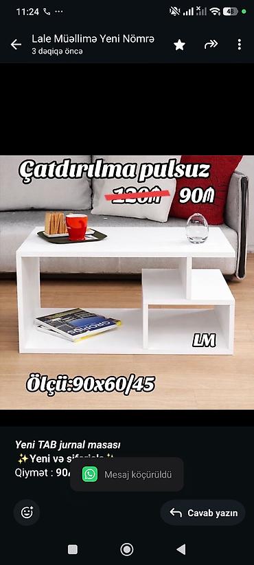 perla stol: _*Yeni TAB jurnal masası*_ *✨Yeni və sifarişlə✨* Qiymət : *90₼* — 1