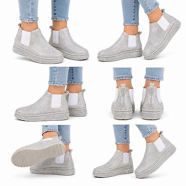 gde kupiti pertle: Ženske slip-on čizme sa sjajnim cirkonima - Model: niske Chelsea — 1