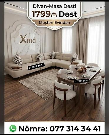 Qonaq otağı üçün divan-masa dəsti. Dəstə L formalı yumşaq künc divan