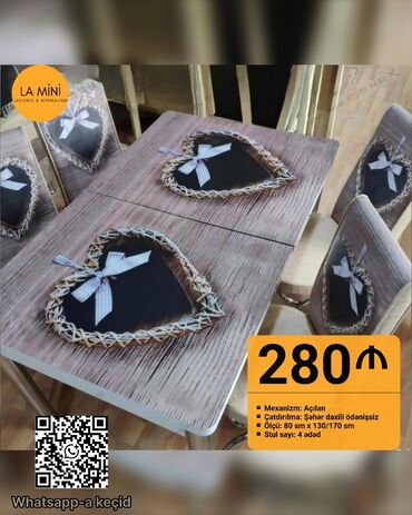 susta: Mətbəx üçün, Yeni, Açılan, Dördbucaq masa, 4 stul
