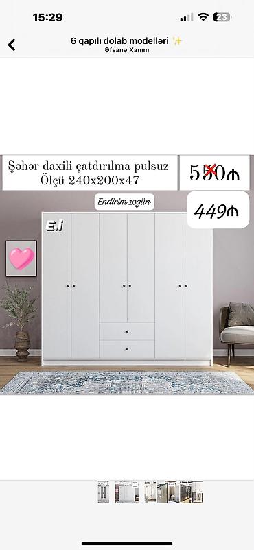 Ev üçün mebel: 6 qapılı şkaf modeli - Rəng: ağ, minimal və müasir dizayn - Ölçü: 240 — 1