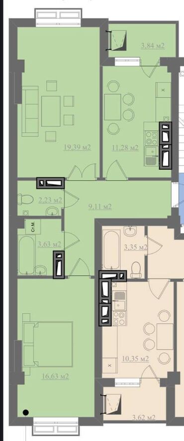арча бешик шералиева квартира: 2 комнаты, 66 м², Элитка, 8 этаж, ПСО (под самоотделку)