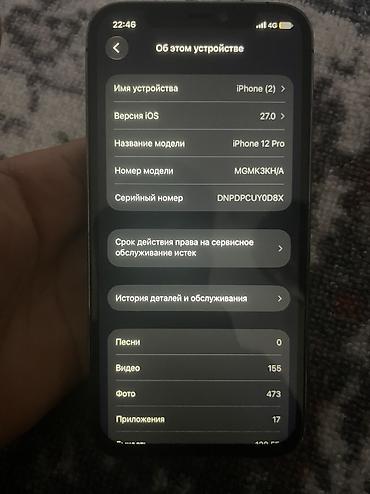 Apple iPhone: IPhone 12 Pro, 128 ГБ, цвет Pacific Blue. На экране iOS 27.0. Модель — 12
