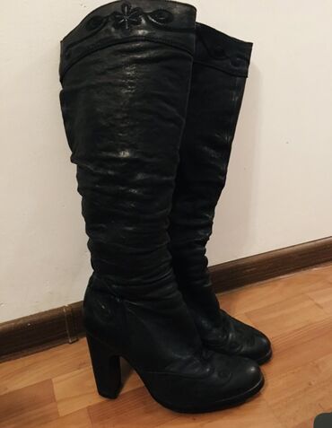 кожаные сапоги женские: Сапоги, 36.5, цвет - Черный, ALS