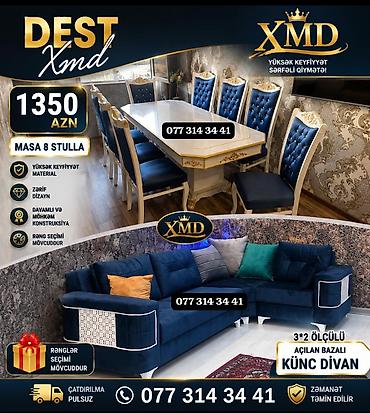 Masa və oturacaq dəstləri: Masa və 6 stul dəsti – Xmd • Komplekt: 1 yemək masası + 6 ədəd stul — 90