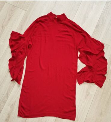 crvena duga haljina s prorezom: S (EU 36), bоја - Crvena, Koktel, klub, Dugih rukava