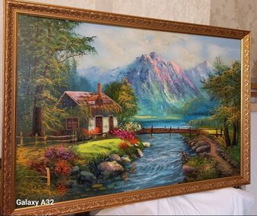 Şəkillər, tablolar: Meşə fonunda çay kənarında yerləşən kənd evinin təsvir olunduğu rəsm — 5